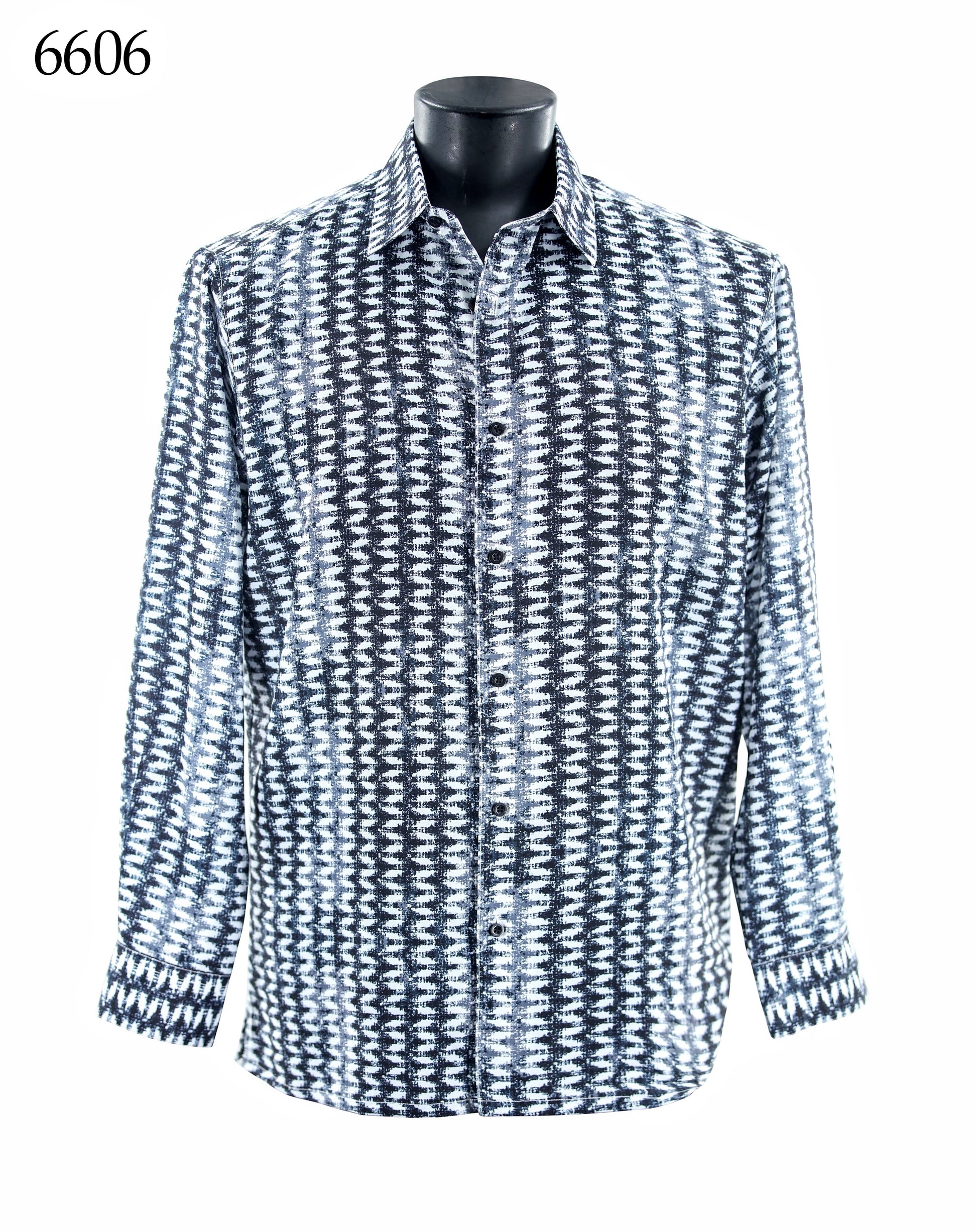 The Bassiri Long Sleeve Shirt 6606 by Bassiri features a black and white geometric zigzag pattern and is shown on a mannequin torso. The number 6606 appears in the top left corner.