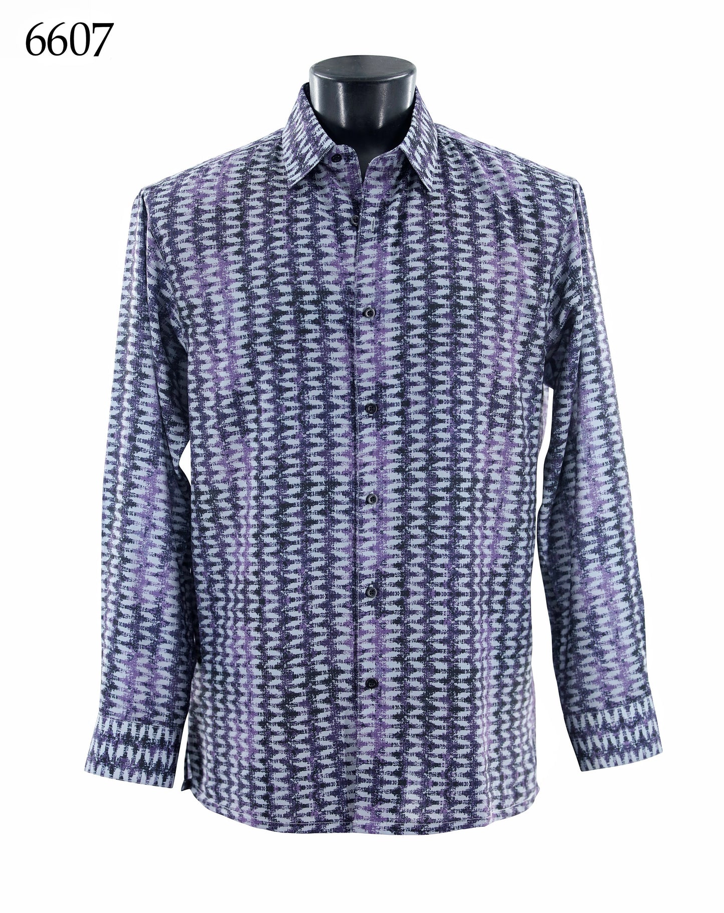 The Bassiri Long Sleeve Shirt 6607 by Bassiri features a regular fit with a geometric zigzag pattern in purple, gray, and black, displayed on a mannequin. The number 6607 is shown in the top left corner.