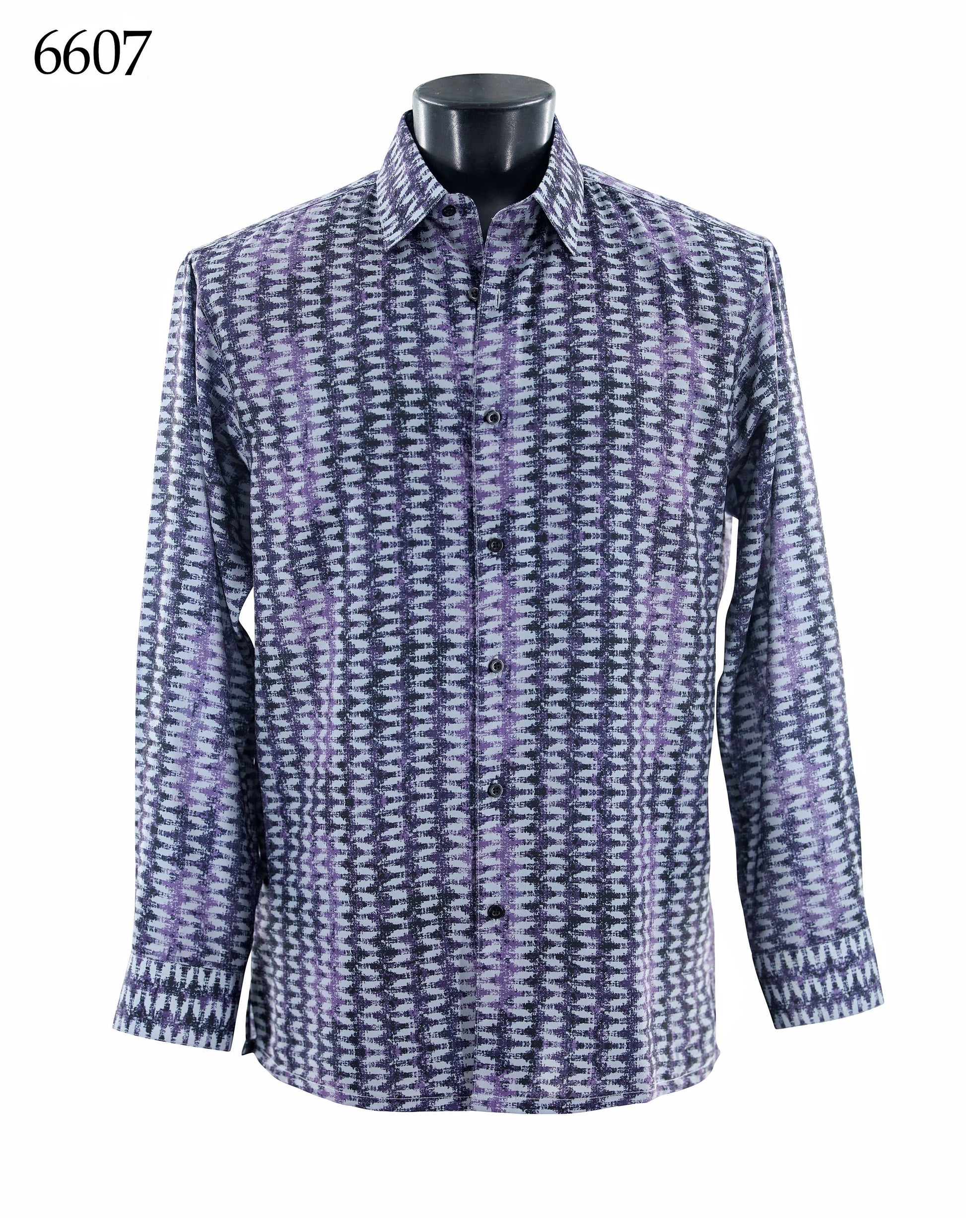 The Bassiri Long Sleeve Shirt 6607 by Bassiri features a regular fit with a geometric zigzag pattern in purple, gray, and black, displayed on a mannequin. The number 6607 is shown in the top left corner.