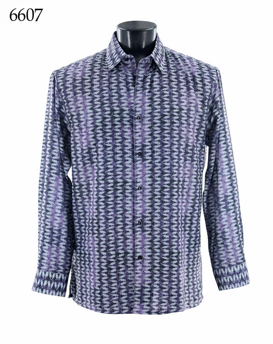 The Bassiri Long Sleeve Shirt 6607 by Bassiri features a regular fit with a geometric zigzag pattern in purple, gray, and black, displayed on a mannequin. The number 6607 is shown in the top left corner.