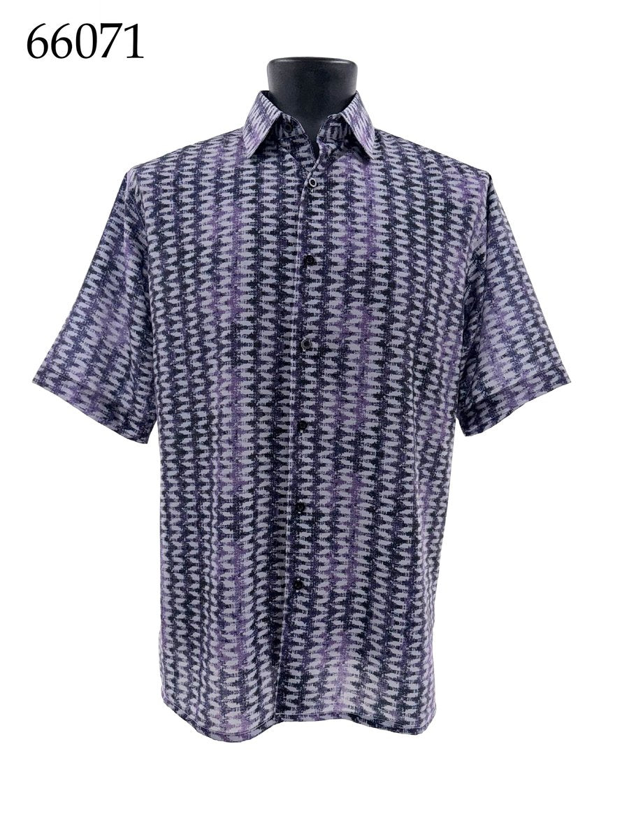 The Bassiri Short Sleeve Shirt 66071 by Bassiri features a regular fit, button-up design with a purple and black zigzag pattern. Displayed on a black mannequin, the product number 66071 appears in the top left corner.