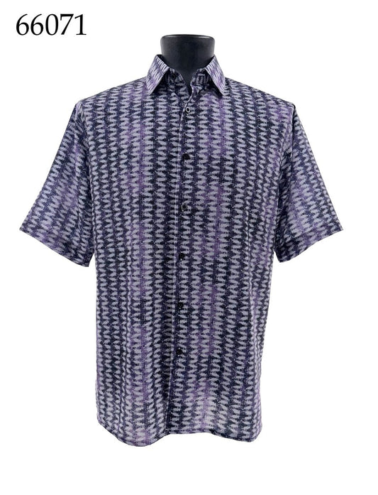 The Bassiri Short Sleeve Shirt 66071 by Bassiri features a regular fit, button-up design with a purple and black zigzag pattern. Displayed on a black mannequin, the product number 66071 appears in the top left corner.