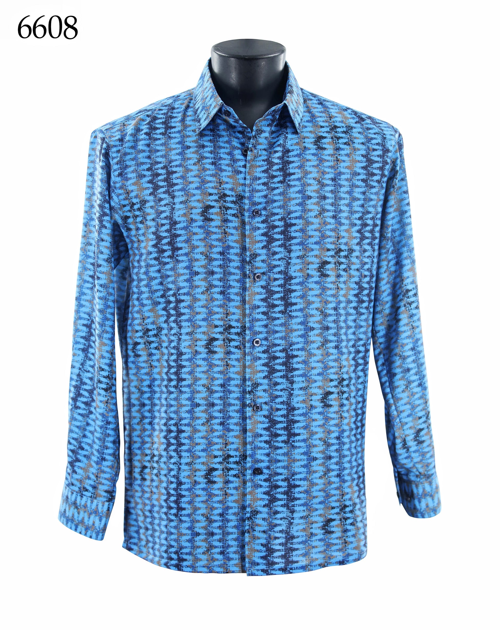 The Bassiri Long Sleeve Shirt 6608 by Bassiri features a regular fit and blue and black geometric pattern. Displayed on a mannequin, the number 6608 appears in the top left corner.