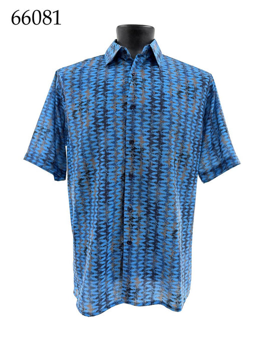 The Bassiri Short Sleeve Shirt 66081 by Bassiri features a blue regular fit with a black and brown zigzag pattern, shown on a black mannequin. The number 66081 appears in the top left corner.