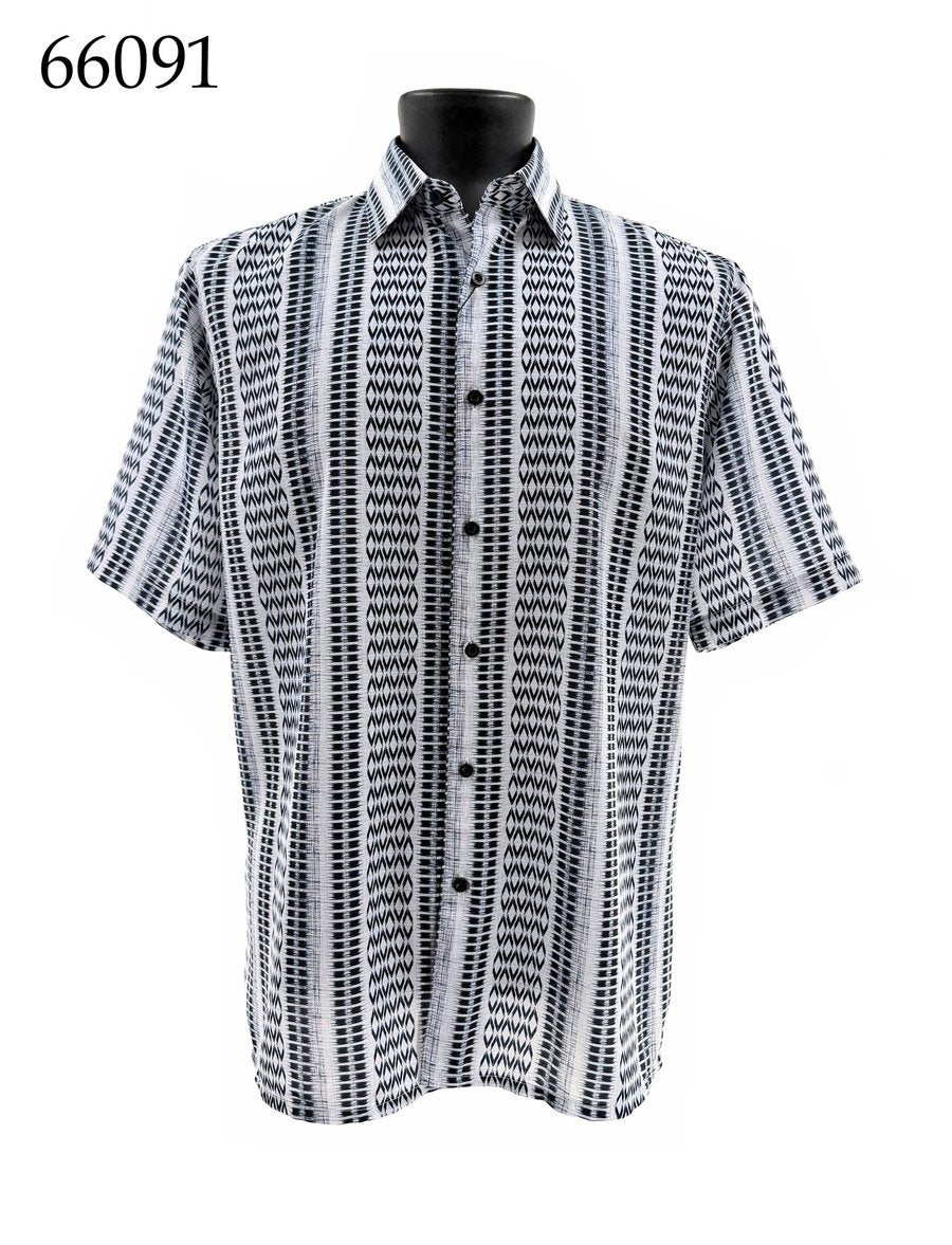 The Bassiri Short Sleeve Shirt 66091 by Bassiri features a regular fit, button-up style with a black and white vertical geometric pattern, shown on a mannequin. The number 66091 appears in the top left corner.