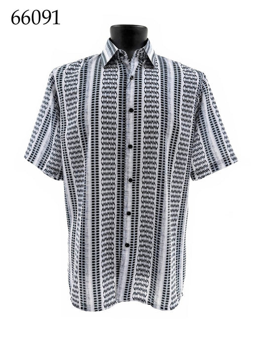 The Bassiri Short Sleeve Shirt 66091 by Bassiri features a regular fit, button-up style with a black and white vertical geometric pattern, shown on a mannequin. The number 66091 appears in the top left corner.