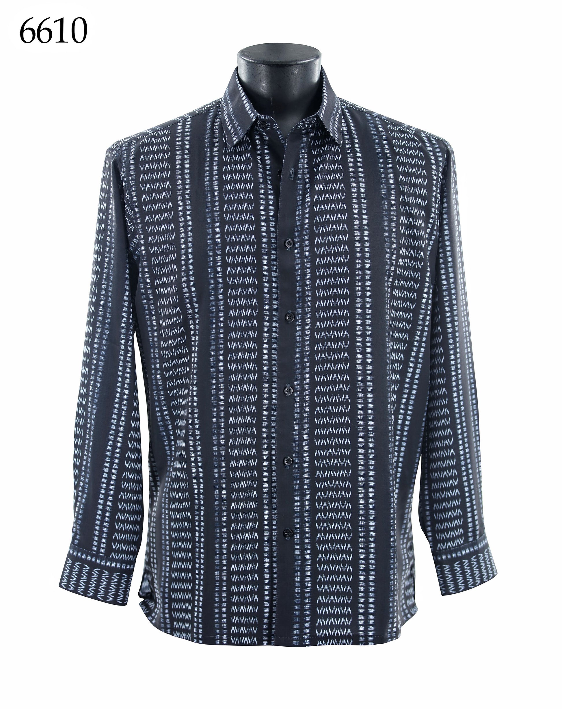 Bassiri Long Sleeve Shirt 6610 by Bassiri—a regular fit black button-up with white geometric vertical patterns, shown on a mannequin. "6610" appears in the top left corner.