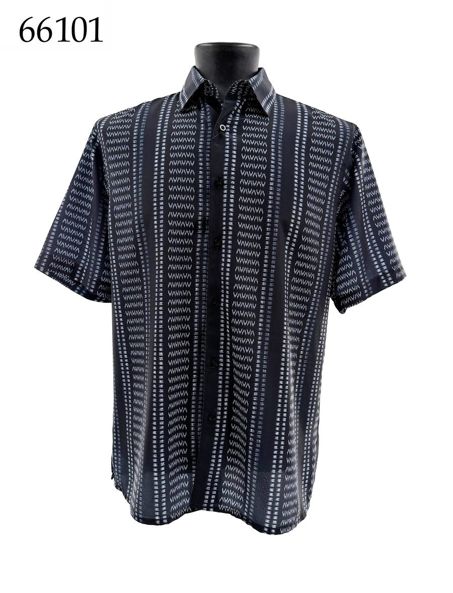 The Bassiri Short Sleeve Shirt 66101 by Bassiri, in regular fit with black and white vertical zigzag stripes, is shown on a mannequin. The item number 66101 is displayed at the top left.