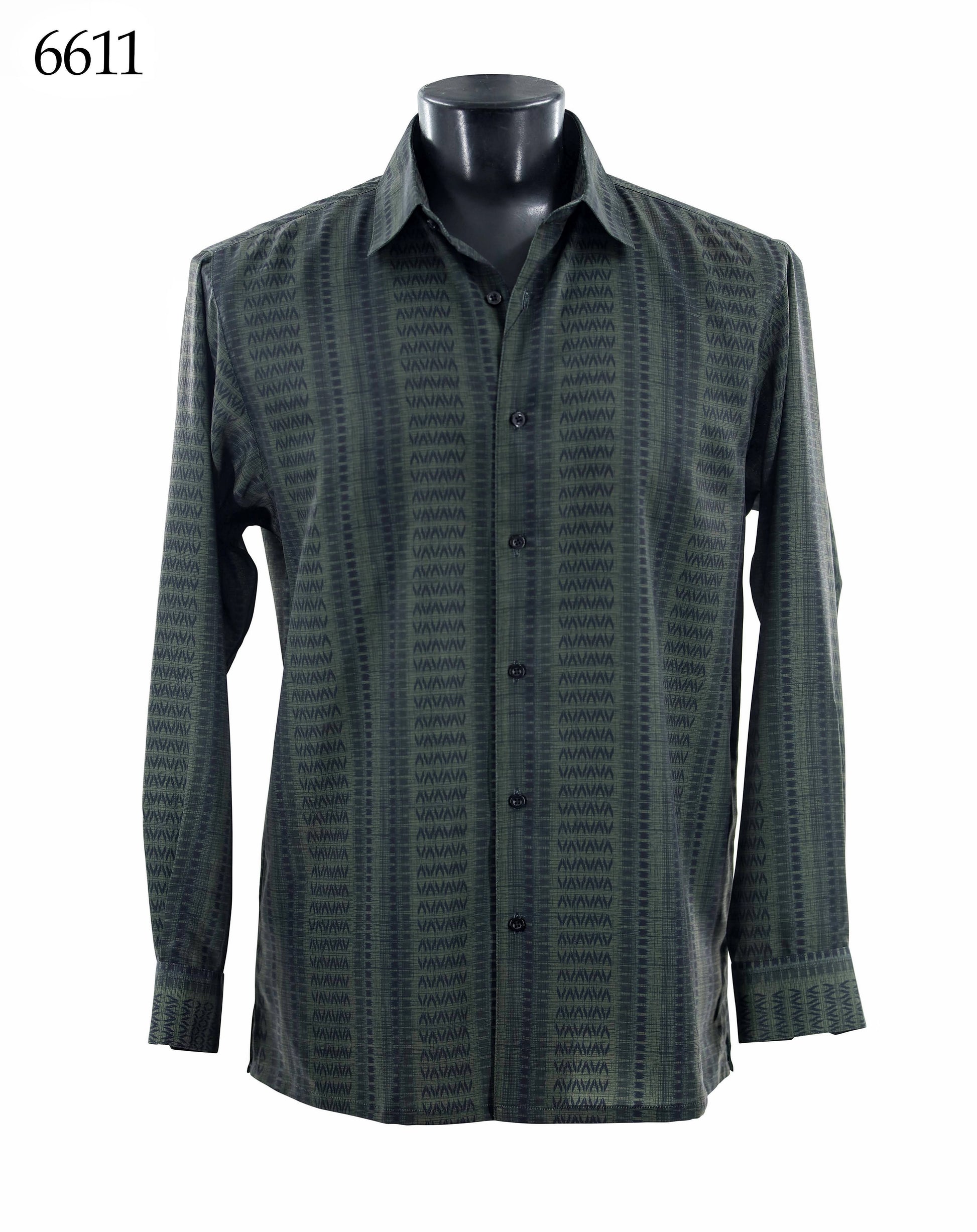 The Bassiri Long Sleeve Shirt 6611, featuring a regular fit and green and black vertical stripes, is shown on a black mannequin with the number 6611 in the top left corner.
