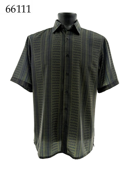 The Bassiri Short Sleeve Shirt 66111 by Bassiri features a green and black pattern in a regular fit, shown on a black mannequin torso. The number 66111 appears in the top left corner.