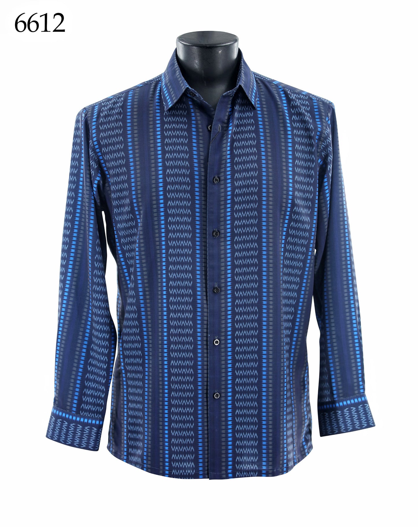 The Bassiri Long Sleeve Shirt 6612 by Bassiri features a regular fit, button-up design with blue and black vertical geometric patterns. Shown on a black mannequin torso with "6612" in the upper left corner.