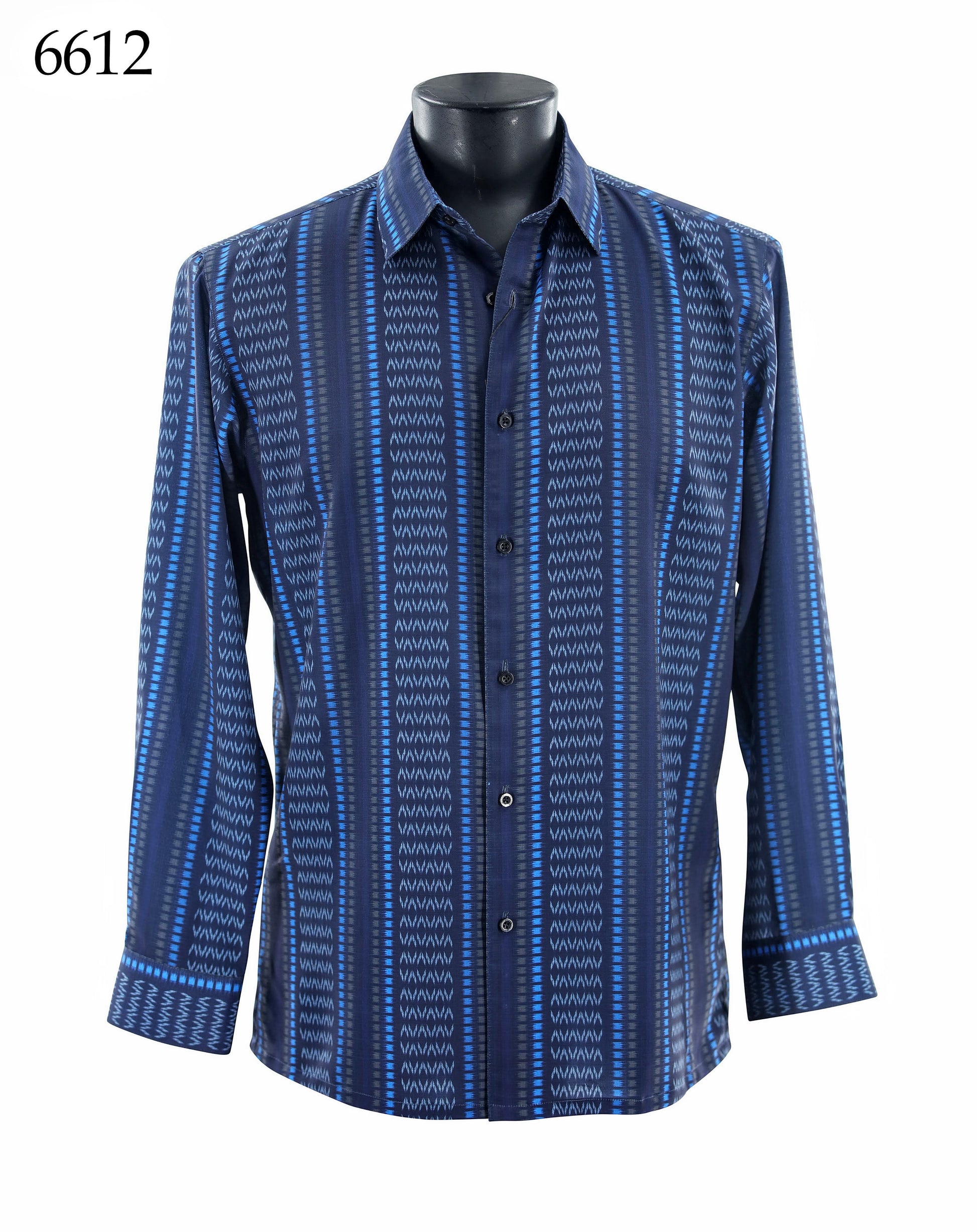 The Bassiri Long Sleeve Shirt 6612 by Bassiri features a regular fit, button-up design with blue and black vertical geometric patterns. Shown on a black mannequin torso with "6612" in the upper left corner.