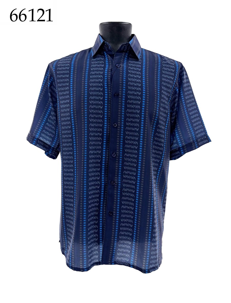 The Bassiri Short Sleeve Shirt 66121 by Bassiri features a regular fit and blue and black geometric pattern. Displayed on a mannequin, the number 66121 appears in the top left corner.