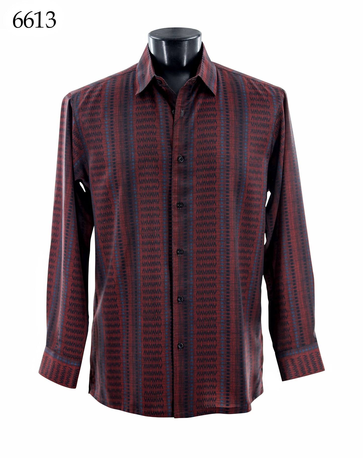 The Bassiri Long Sleeve Shirt 6613 by Bassiri, featuring a regular fit and black and red geometric vertical stripes, is shown on a black mannequin torso with "6613" in the top left corner.