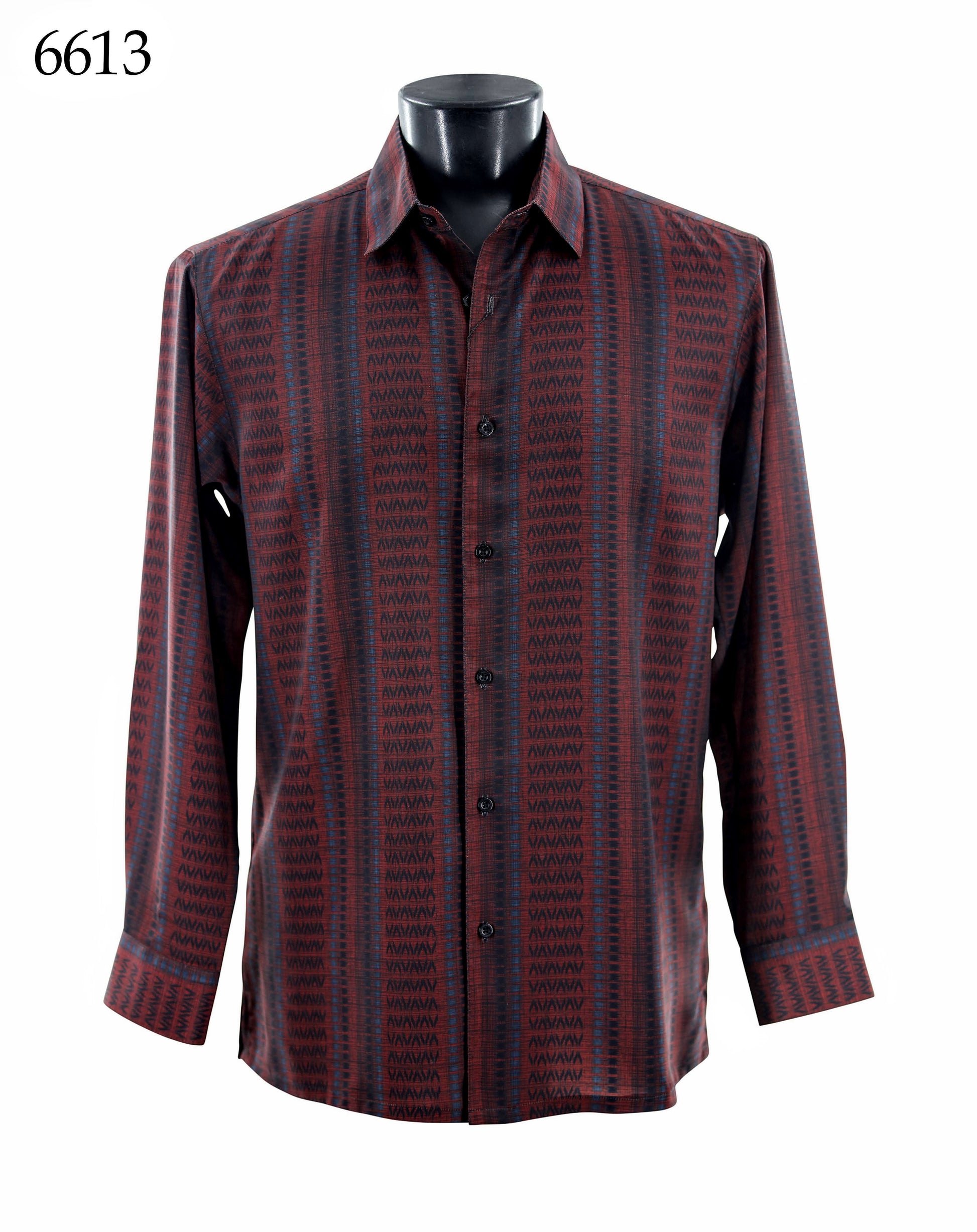The Bassiri Long Sleeve Shirt 6613 by Bassiri, featuring a regular fit and black and red geometric vertical stripes, is shown on a black mannequin torso with "6613" in the top left corner.