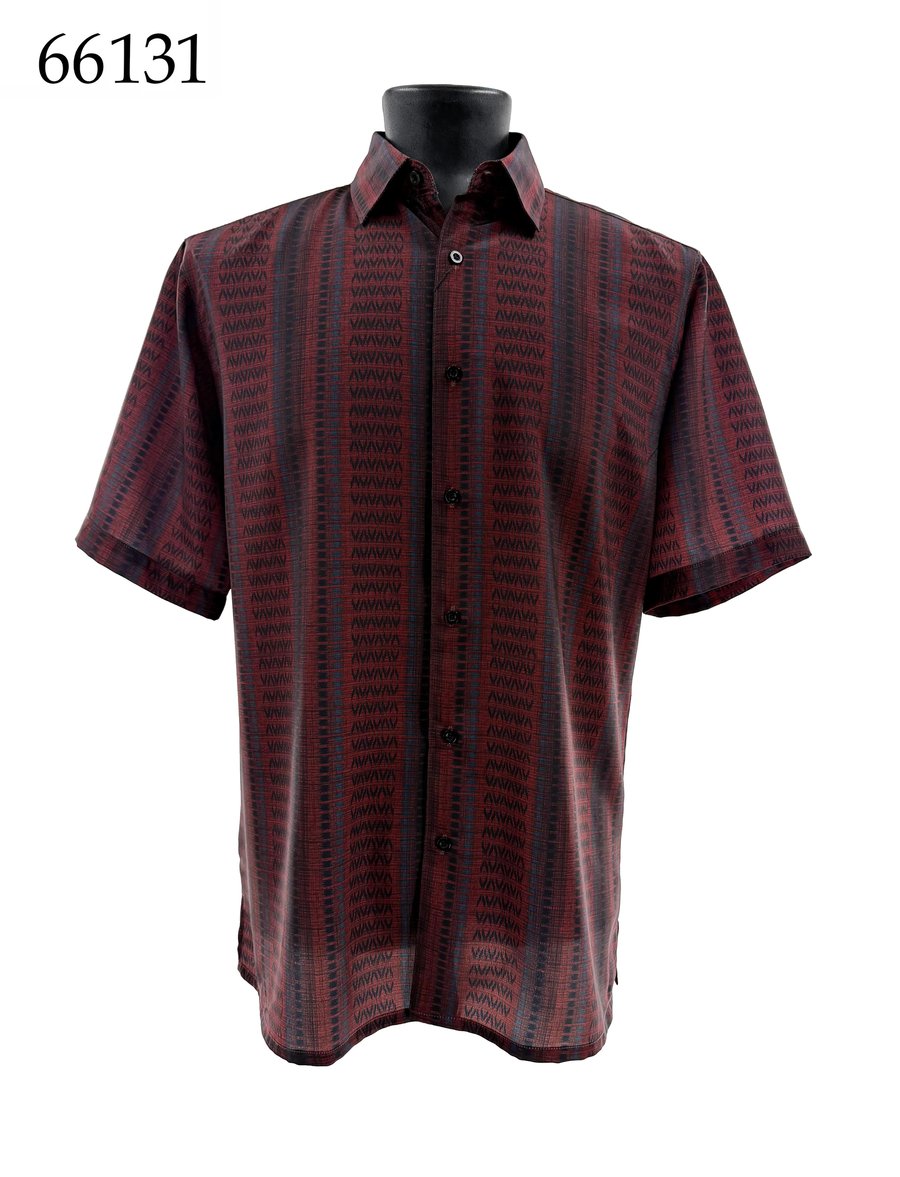 The Bassiri Short Sleeve Shirt 66131 by Bassiri features a regular fit, short sleeves, and a red and black vertical pattern, displayed on a mannequin torso with item number 66131 in the top left corner.