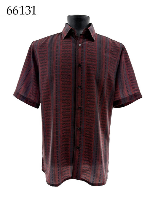 The Bassiri Short Sleeve Shirt 66131 by Bassiri features a regular fit, short sleeves, and a red and black vertical pattern, displayed on a mannequin torso with item number 66131 in the top left corner.
