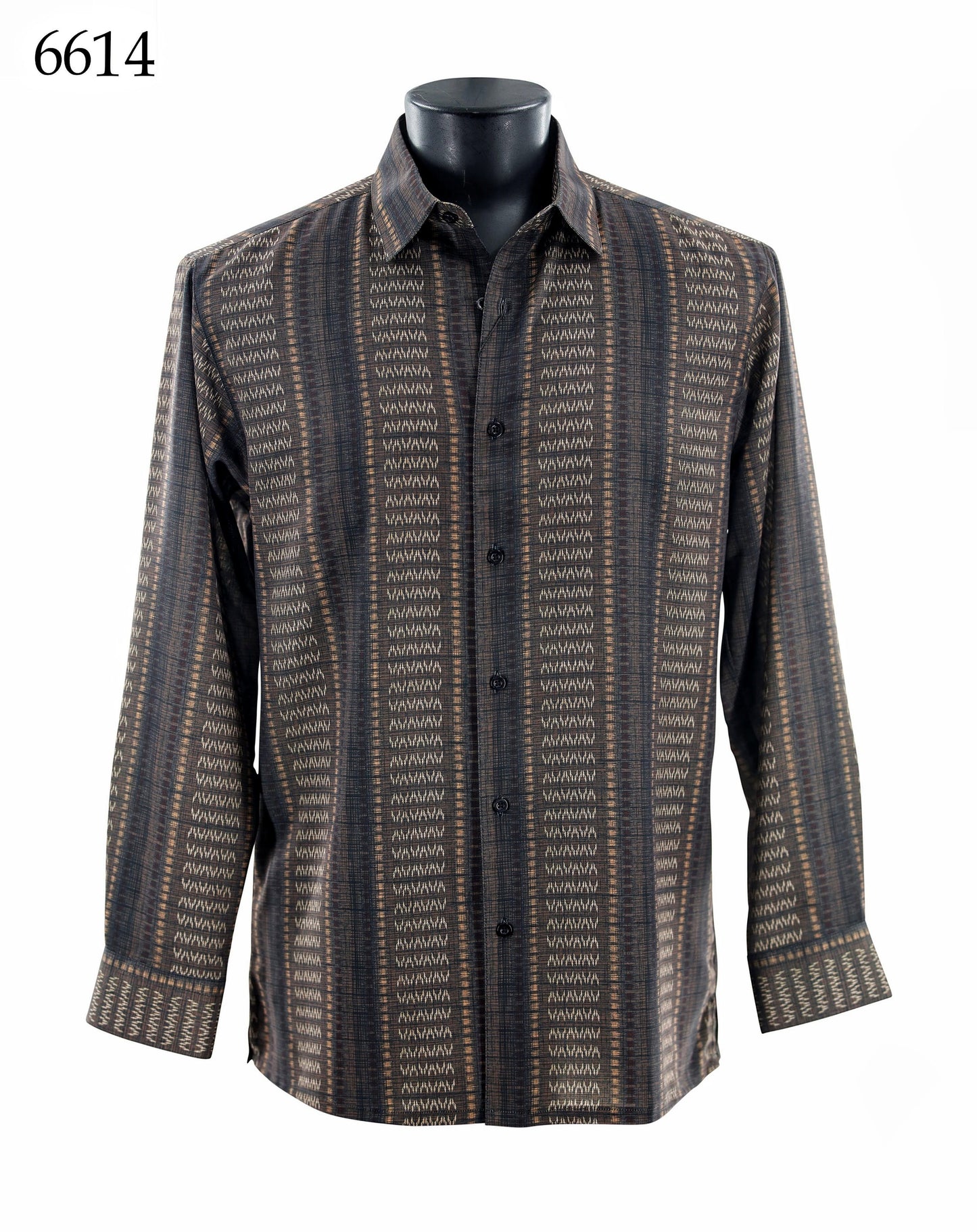 The Bassiri Long Sleeve Shirt 6614 by Bassiri features a regular fit, button-up design with a brown and black geometric pattern, shown on a black mannequin torso.