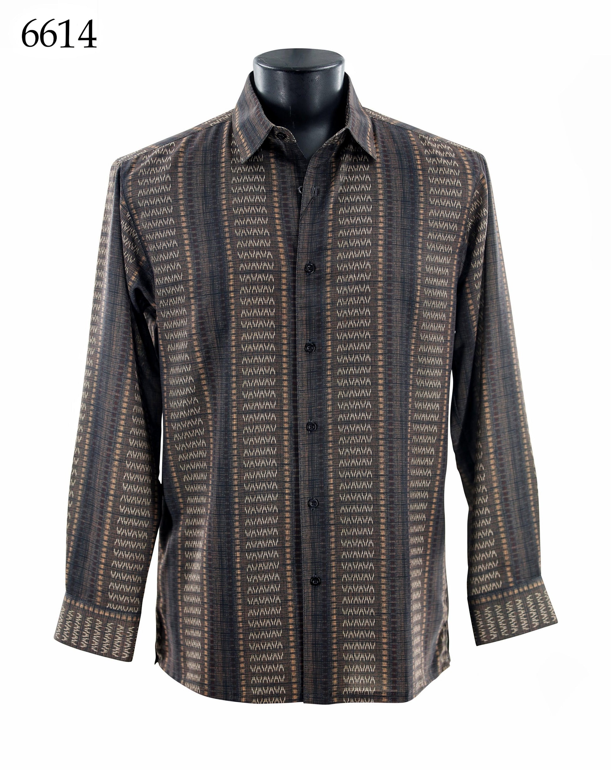 The Bassiri Long Sleeve Shirt 6614 by Bassiri features a regular fit, button-up design with a brown and black geometric pattern, shown on a black mannequin torso.