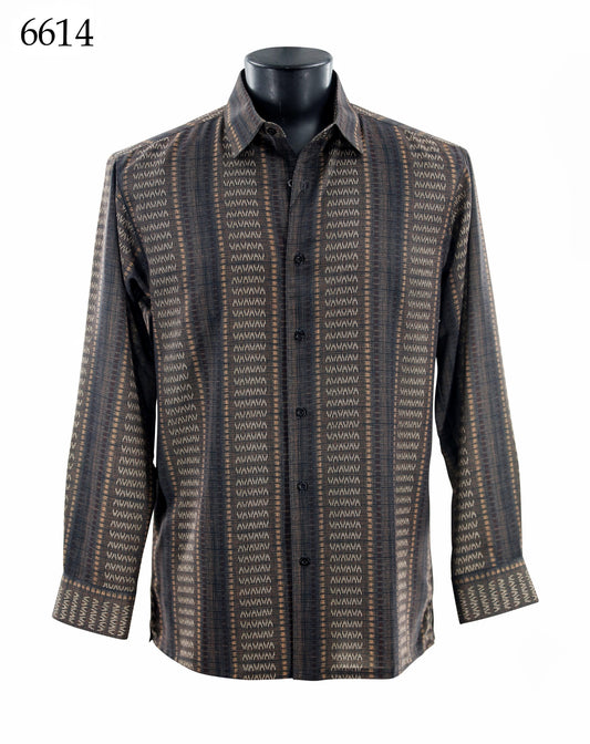 The Bassiri Long Sleeve Shirt 6614 by Bassiri features a regular fit, button-up design with a brown and black geometric pattern, shown on a black mannequin torso.