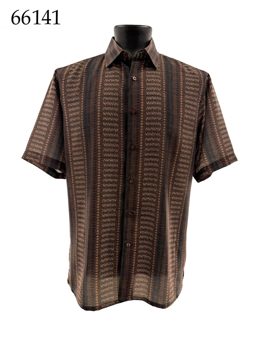 The Bassiri Short Sleeve Shirt 66141 by Bassiri features a regular fit and brown and black vertical pattern, shown on a black mannequin torso with the number 66141 in the top left corner.