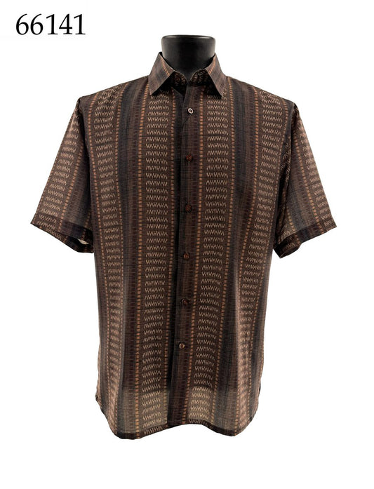 The Bassiri Short Sleeve Shirt 66141 by Bassiri features a regular fit and brown and black vertical pattern, shown on a black mannequin torso with the number 66141 in the top left corner.
