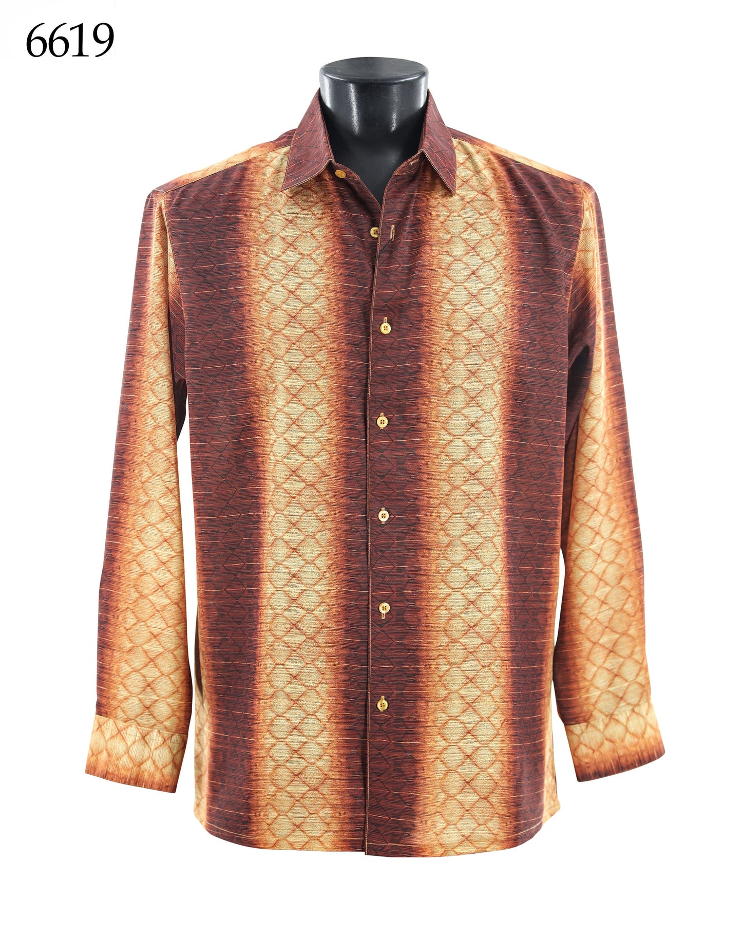 The Bassiri Long Sleeve Shirt 6619 by Bassiri is a regular-fit button-up with brown and beige vertical stripes and a diamond-textured design, shown here on a mannequin.