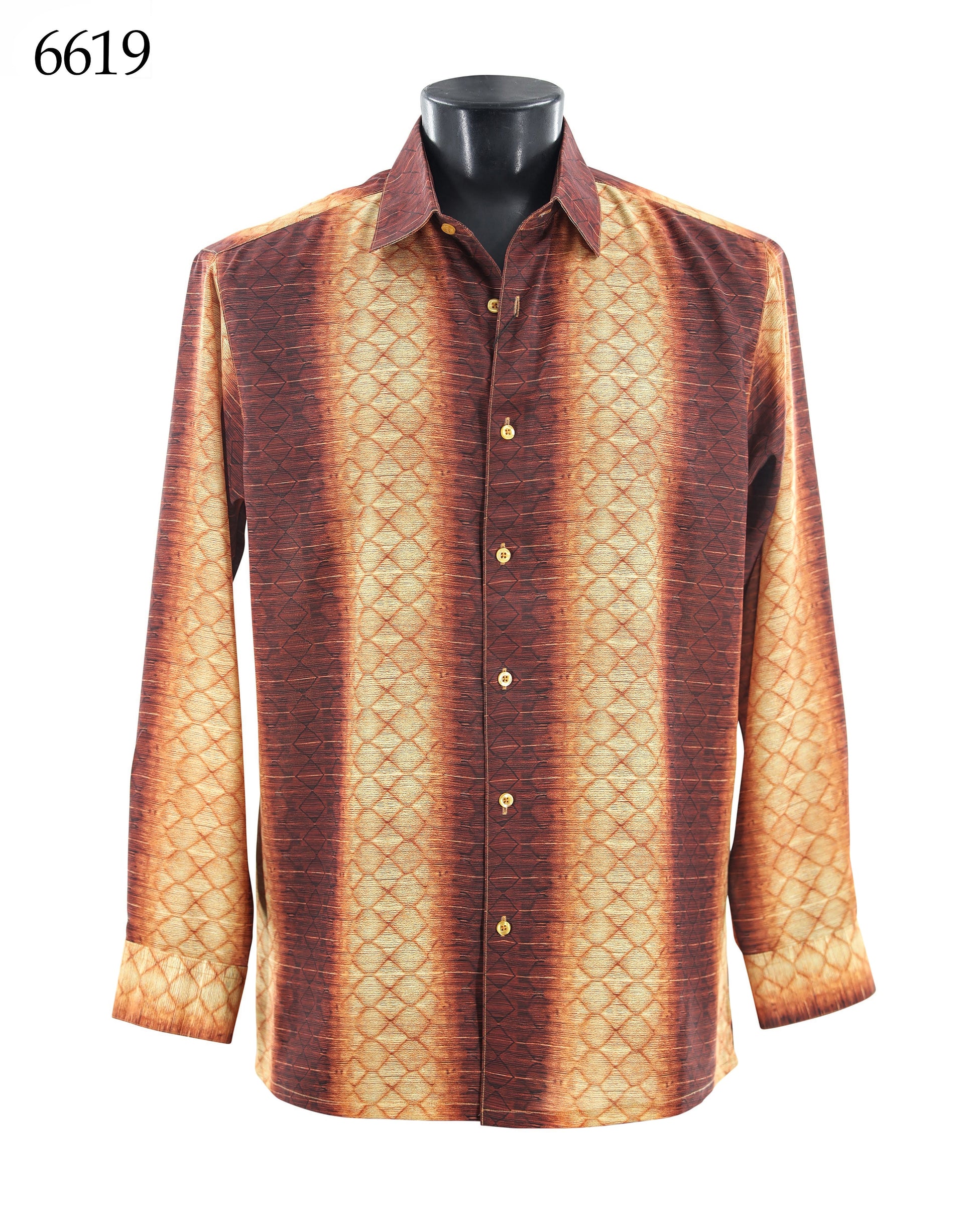 The Bassiri Long Sleeve Shirt 6619 by Bassiri is a regular-fit button-up with brown and beige vertical stripes and a diamond-textured design, shown here on a mannequin.