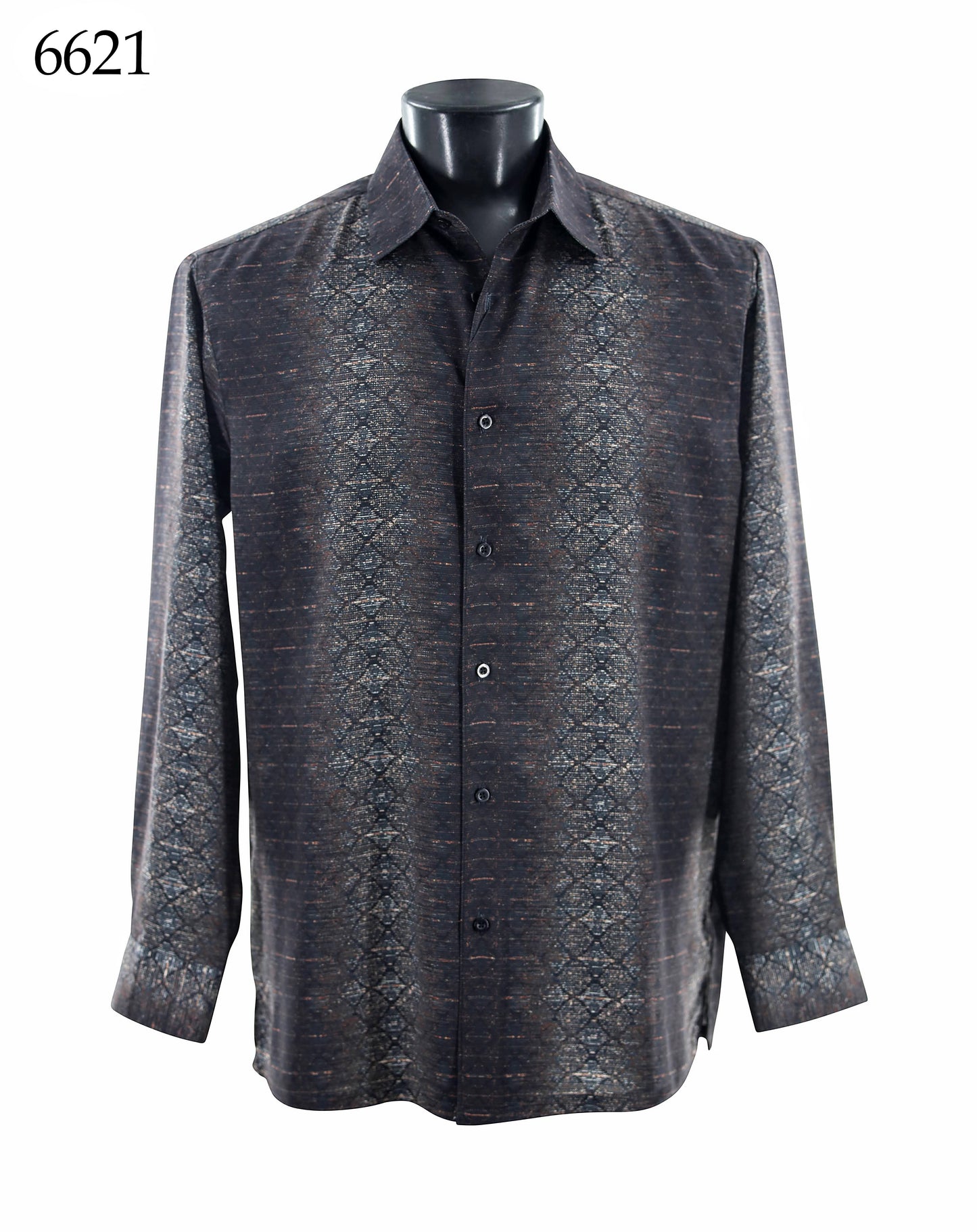 The Bassiri Long Sleeve Shirt 6621 by Bassiri features a regular fit with a dark, subtle pattern and is displayed on a black mannequin, with the number 6621 shown in the top left corner.