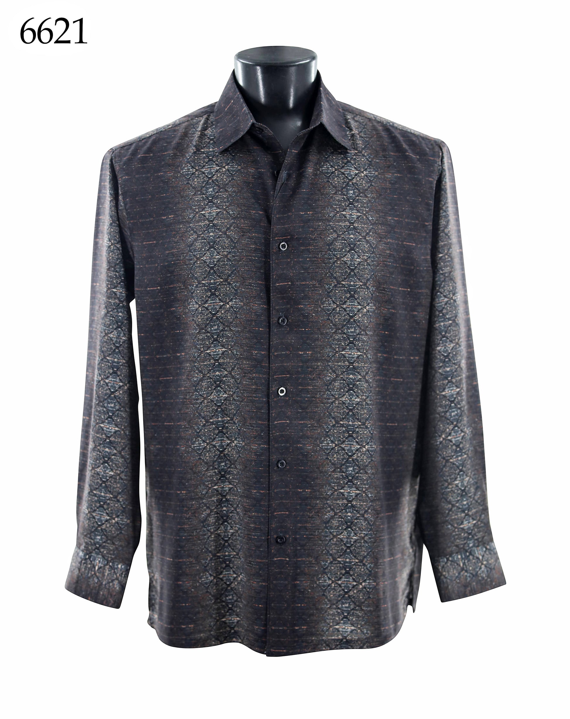The Bassiri Long Sleeve Shirt 6621 by Bassiri features a regular fit with a dark, subtle pattern and is displayed on a black mannequin, with the number 6621 shown in the top left corner.