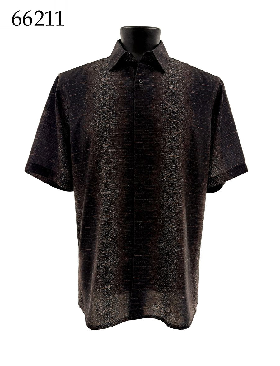 The Bassiri Short Sleeve Shirt 66211 by Bassiri is a regular-fit black collared shirt with a subtle pattern, shown on a black mannequin torso. The number 66211 appears in the top left corner.