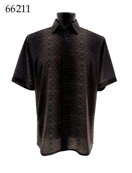 The Bassiri Short Sleeve Shirt 66211 by Bassiri is a regular-fit black collared shirt with a subtle pattern, shown on a black mannequin torso. The number 66211 appears in the top left corner.