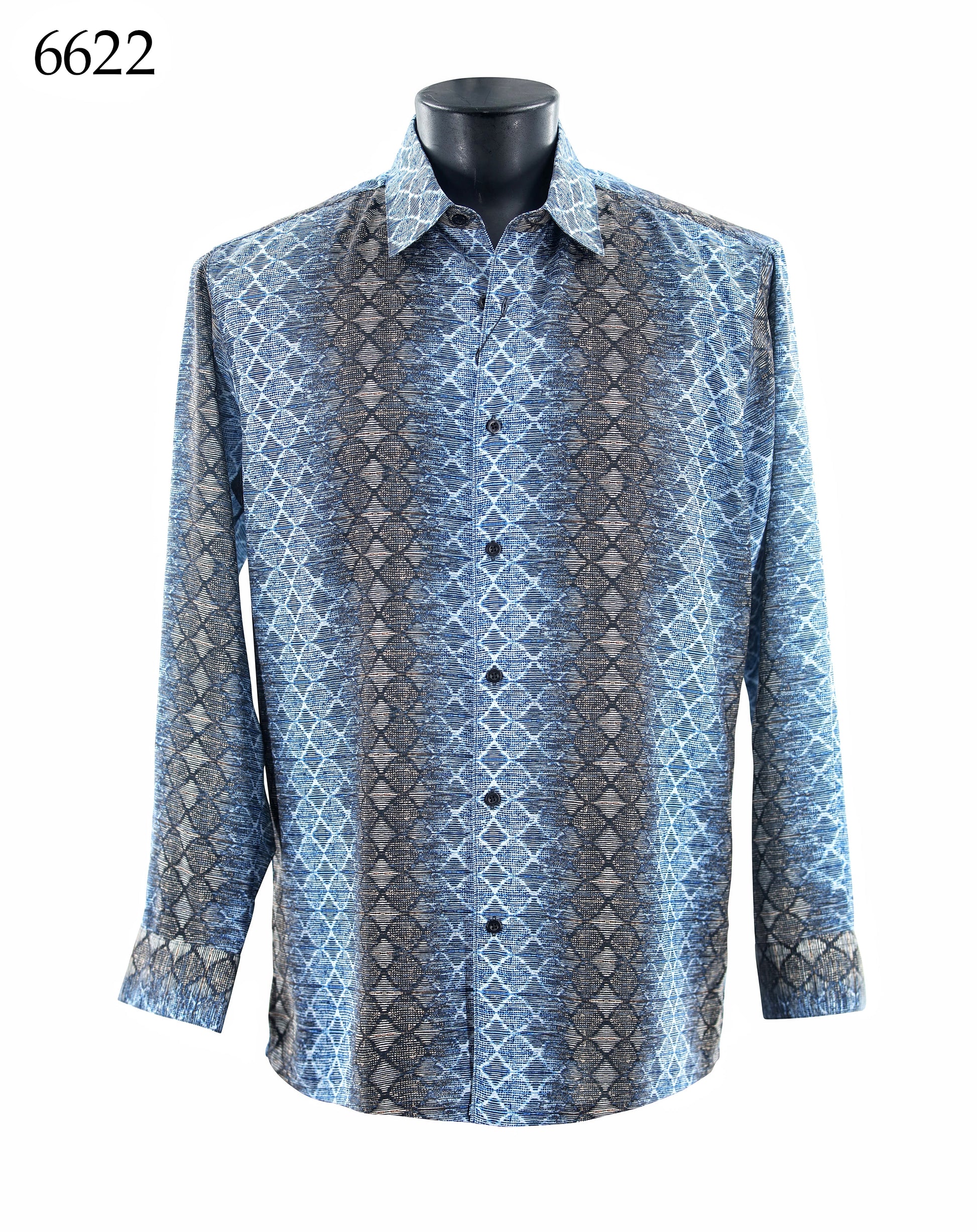 Bassiri Long Sleeve Shirt 6622 by Bassiri shown on a mannequin features a blue and gray geometric pattern and regular fit. The number 6622 is in the top left corner.