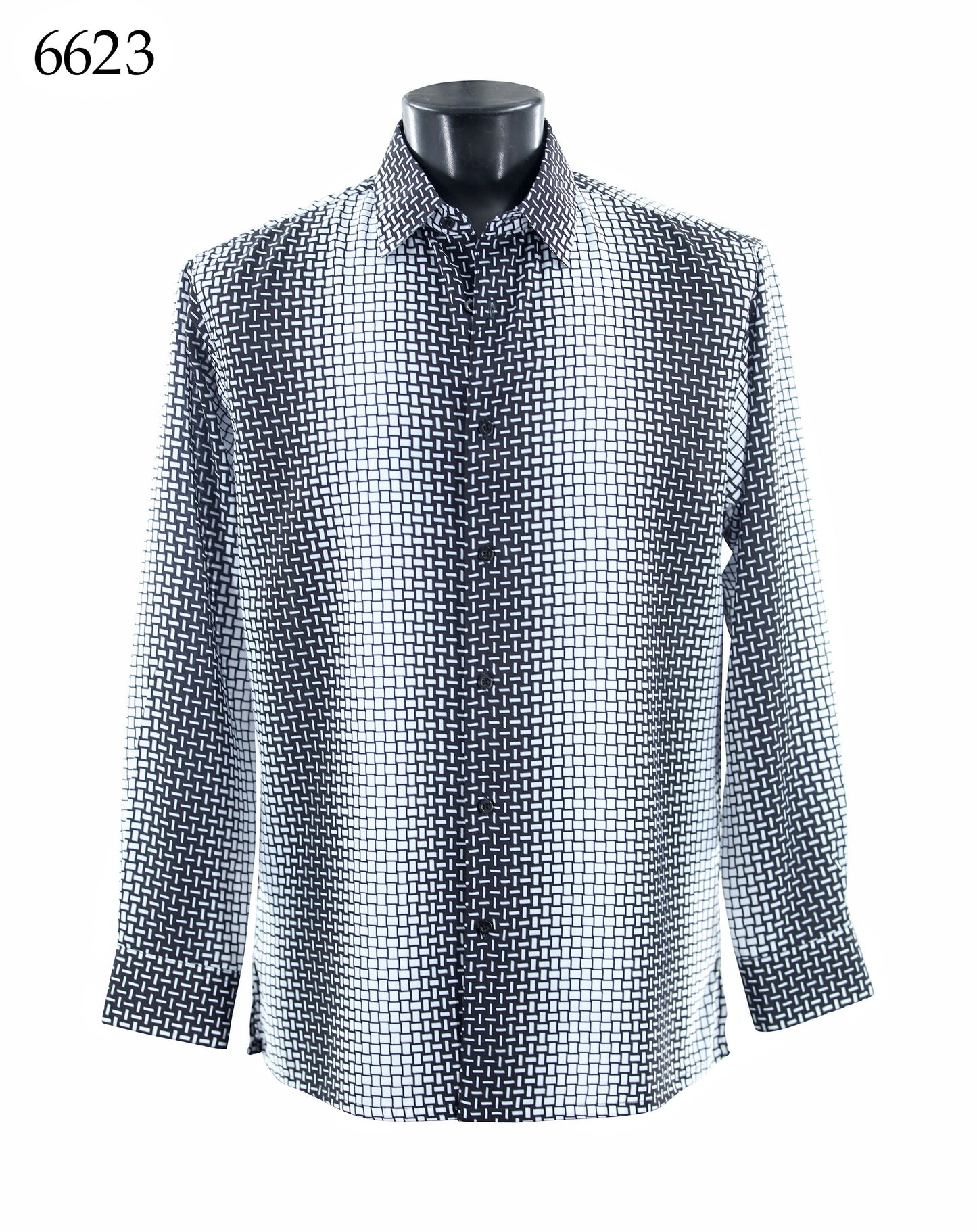 The Bassiri Long Sleeve Shirt 6623 by Bassiri is a black and white regular fit button-up with a geometric grid pattern, shown on a mannequin. The number 6623 appears in the top left corner.