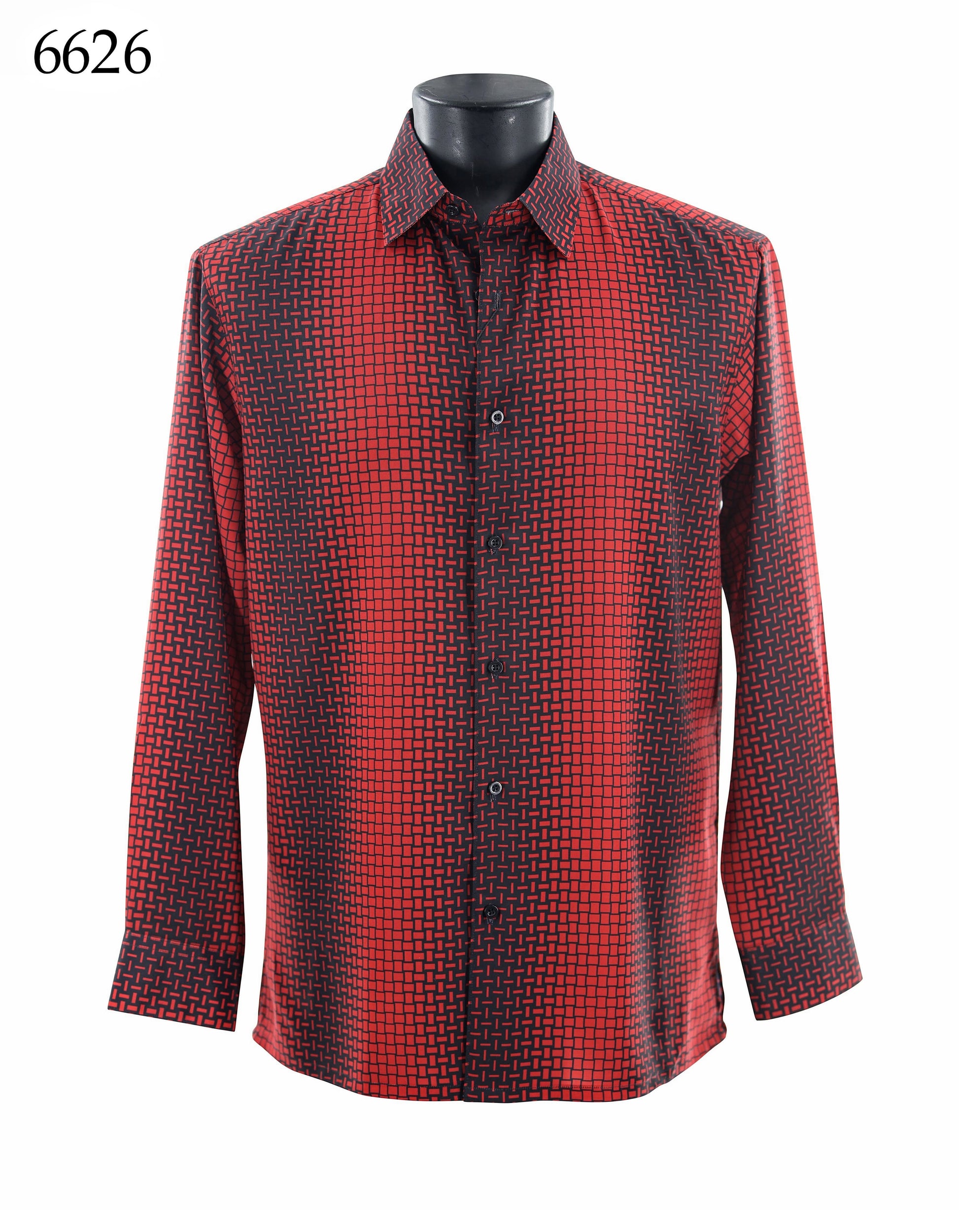 The Bassiri Long Sleeve Shirt 6626 by Bassiri features a red and black geometric pattern, regular fit, and is modeled on a mannequin with the number 6626 displayed in the top left corner.