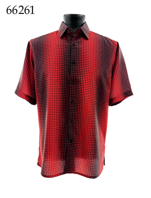 Bassiri Short Sleeve Shirt 66261 by Bassiri, regular fit with a red and black geometric pattern, displayed on a mannequin. "66261" is shown in the top left corner.