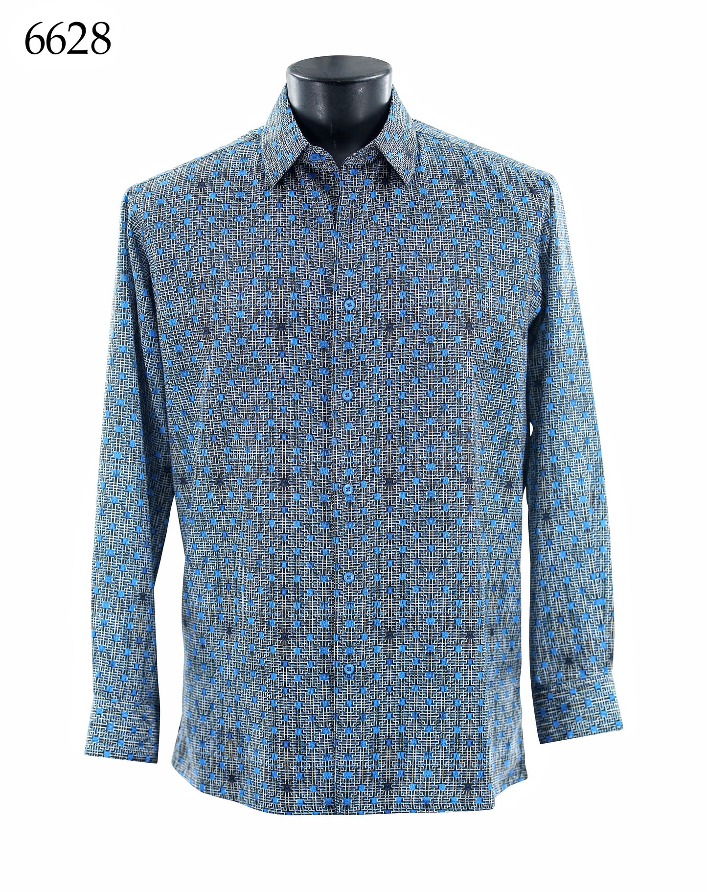 Bassiri Long Sleeve Shirt 6628 by Bassiri features a regular fit and blue and black geometric pattern, shown on a black mannequin with "6628" in the top left corner.