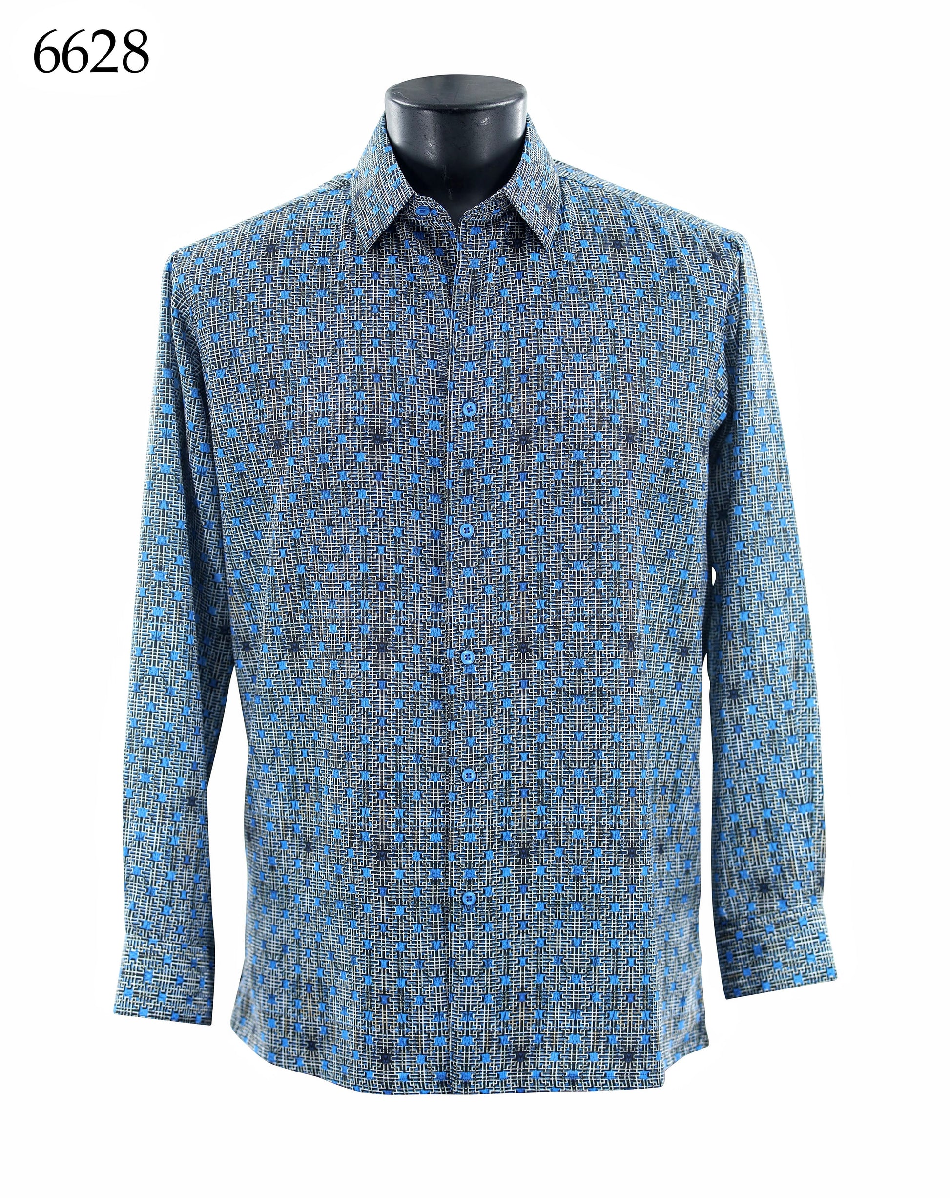 Bassiri Long Sleeve Shirt 6628 by Bassiri features a regular fit and blue and black geometric pattern, shown on a black mannequin with "6628" in the top left corner.