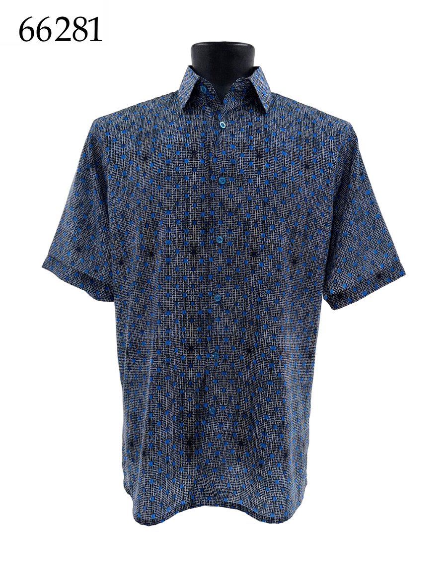 Bassiri Short Sleeve Shirt 66281 by Bassiri, featuring a blue and black geometric pattern, regular fit and button-up style, shown on a black mannequin. "66281" is displayed in the top left corner.