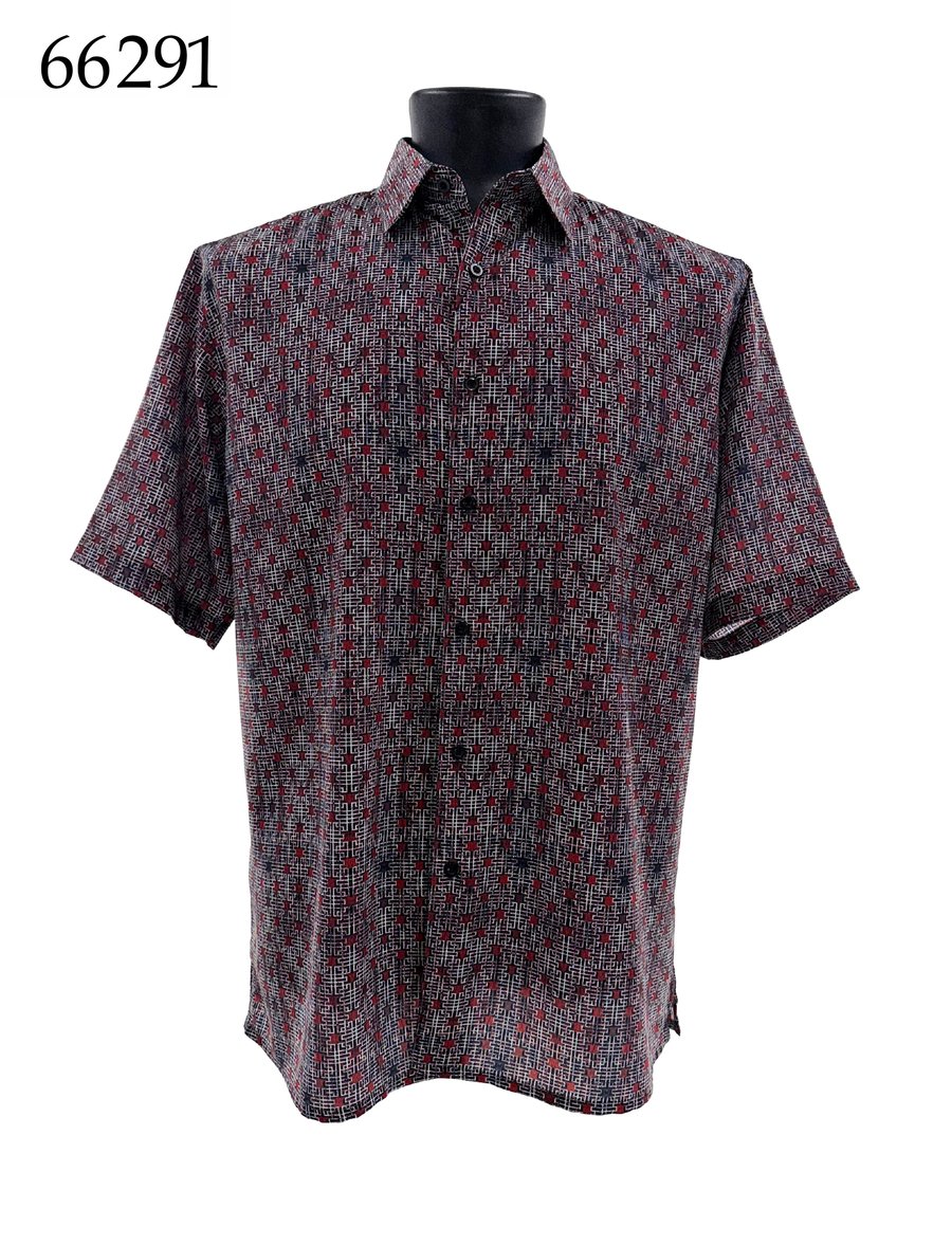 The Bassiri Short Sleeve Shirt 66291, featuring a geometric black, red, and white pattern, is displayed on a mannequin torso. The product number 66291 appears in the top left corner. Brand: Bassiri.