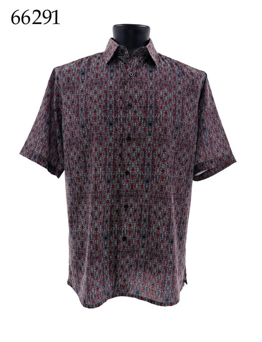 The Bassiri Short Sleeve Shirt 66291, featuring a geometric black, red, and white pattern, is displayed on a mannequin torso. The product number 66291 appears in the top left corner. Brand: Bassiri.