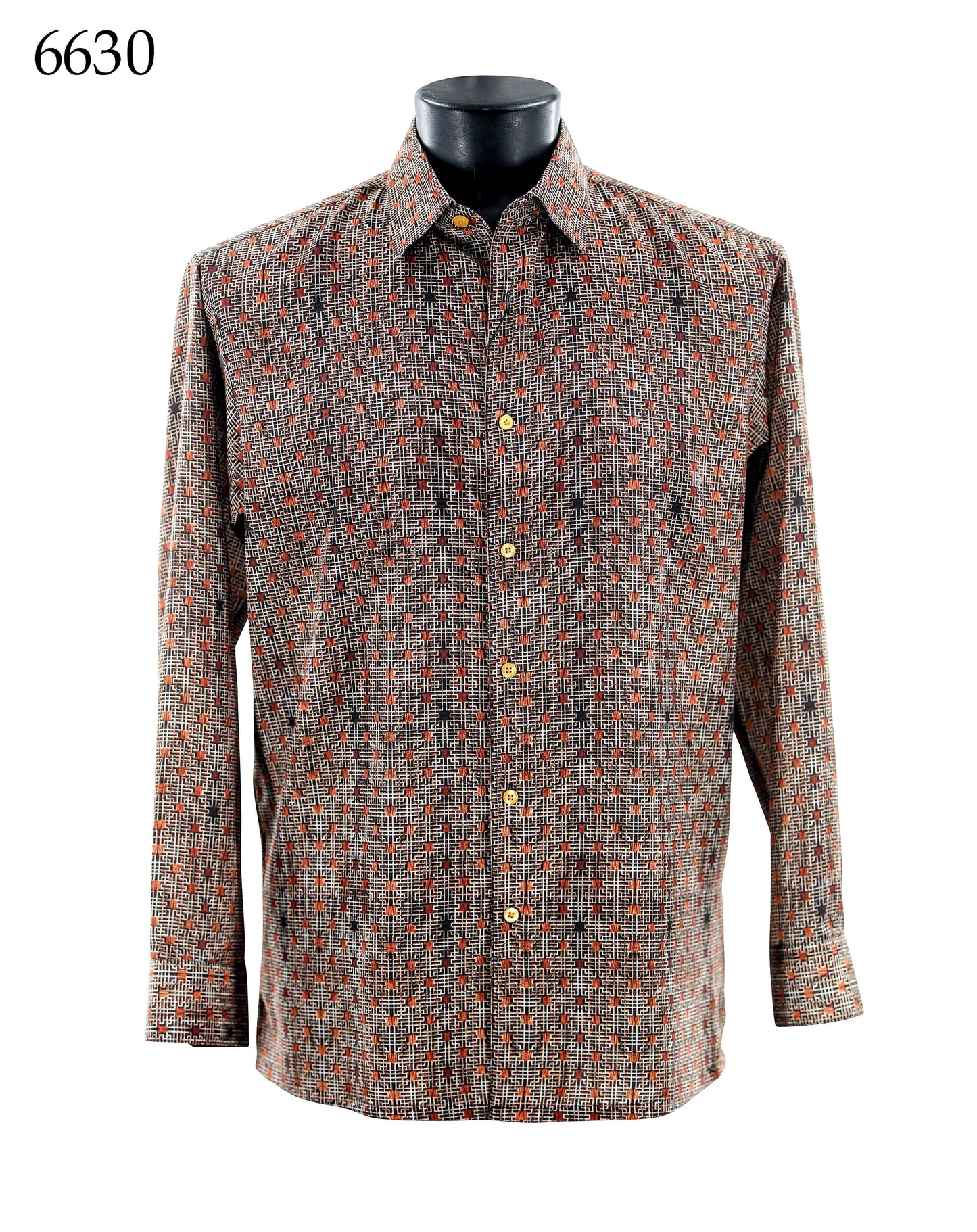 Bassiri Long Sleeve Shirt 6630 by Bassiri features a regular fit and small geometric pattern in brown, black, and orange, shown on a black mannequin torso. The number 6630 is displayed in the top left corner.