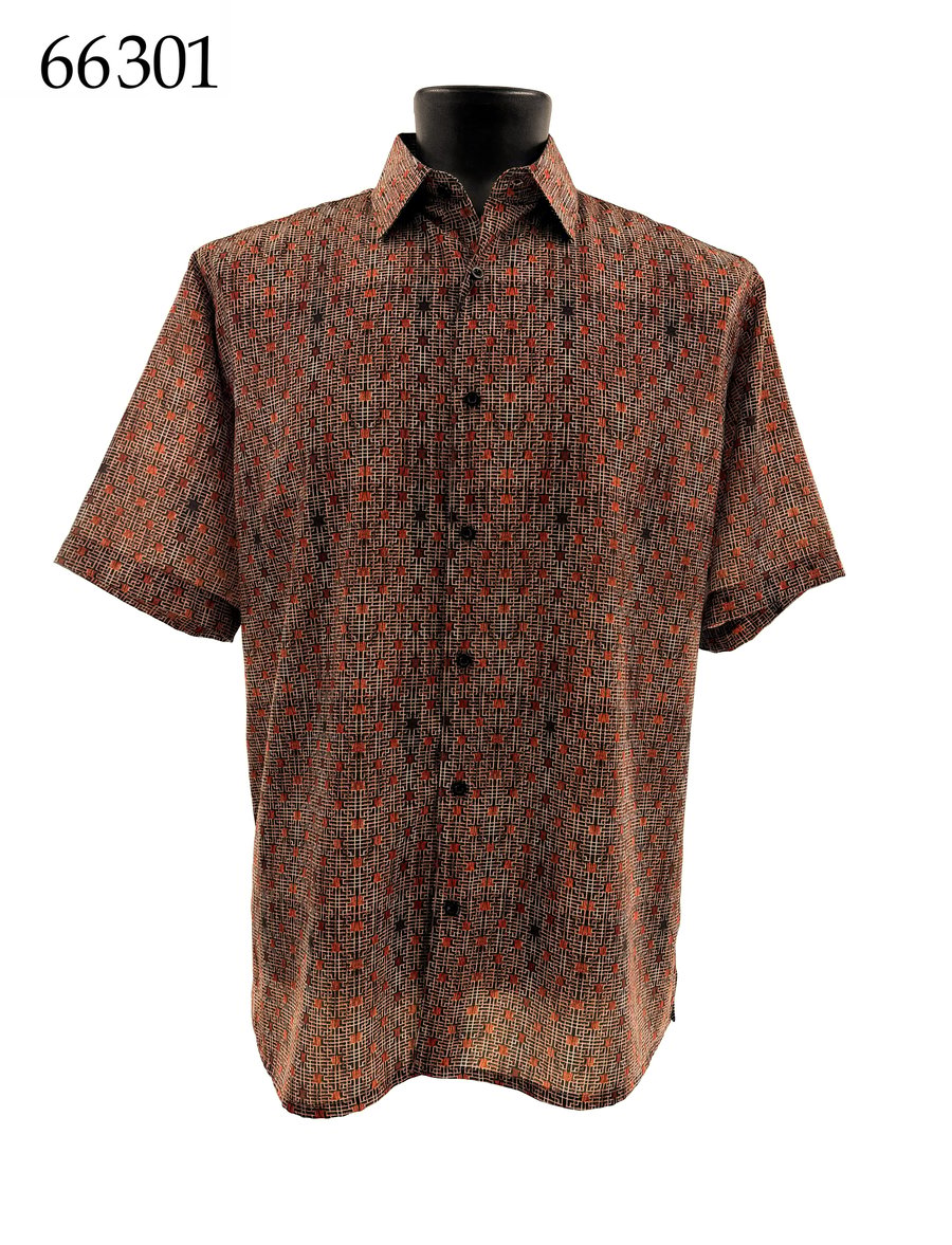 The Bassiri Short Sleeve Shirt 66301 by Bassiri is a regular fit button-up with short sleeves and a small geometric pattern in brown, black, and orange tones, shown on a black mannequin torso.