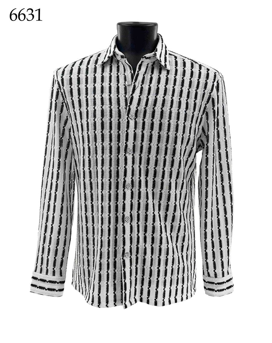The Bassiri Long Sleeve Shirt 6631 by Bassiri, featuring a regular fit and vertical black and white stripes, is displayed on a black mannequin torso. The number 6631 appears in the top left corner.