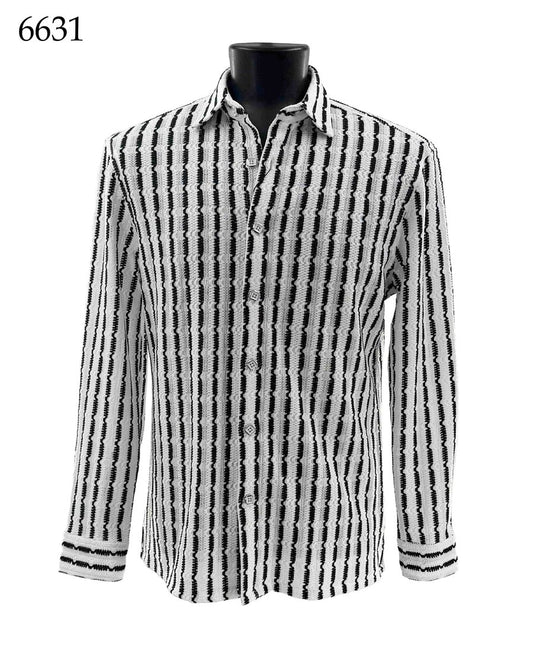 The Bassiri Long Sleeve Shirt 6631 by Bassiri, featuring a regular fit and vertical black and white stripes, is displayed on a black mannequin torso. The number 6631 appears in the top left corner.