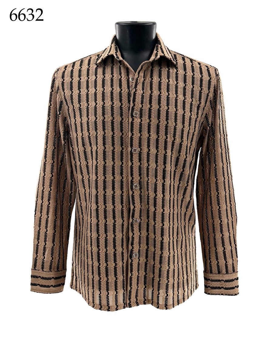 The Bassiri Long Sleeve Shirt 6632 by Bassiri, featuring a regular fit with brown and black vertical stripes, is showcased on a mannequin. The number 6632 is displayed in the top left corner.