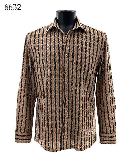 The Bassiri Long Sleeve Shirt 6632 by Bassiri, featuring a regular fit with brown and black vertical stripes, is showcased on a mannequin. The number 6632 is displayed in the top left corner.