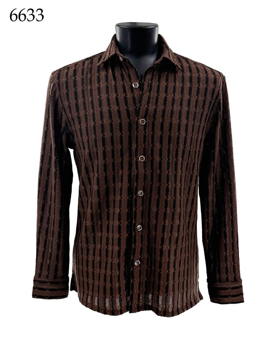 The Bassiri Long Sleeve Shirt 6633 by Bassiri, featuring a brown vertical textured pattern in a Regular Fit, is displayed on a black mannequin torso with the product number 6633 shown in the top left corner.