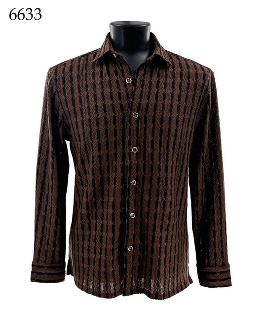 The Bassiri Long Sleeve Shirt 6633 by Bassiri, featuring a brown vertical textured pattern in a Regular Fit, is displayed on a black mannequin torso with the product number 6633 shown in the top left corner.