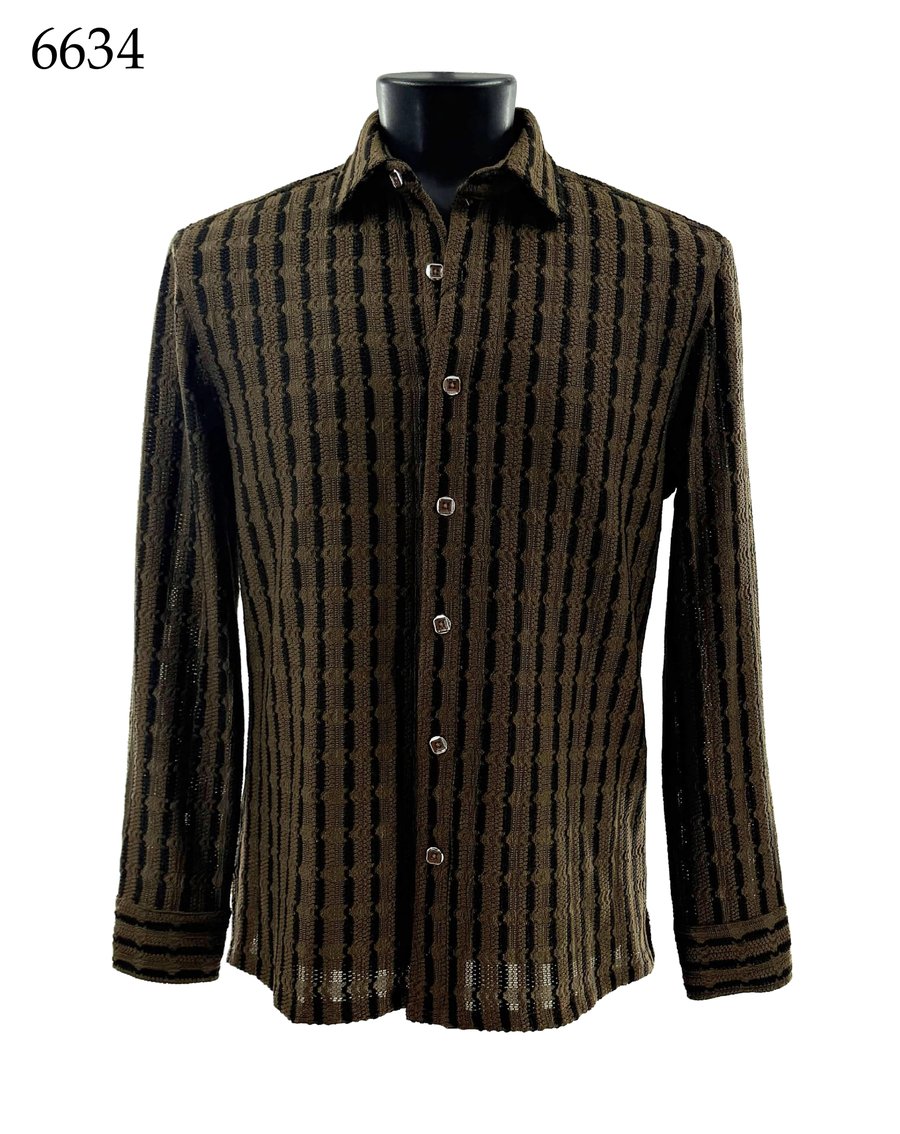 The Bassiri Long Sleeve Shirt 6634 by Bassiri is a brown and black button-up shirt with a geometric vertical stripe pattern, shown on a mannequin. Designed in a Regular Fit, this shirt delivers both style and comfort for any occasion.